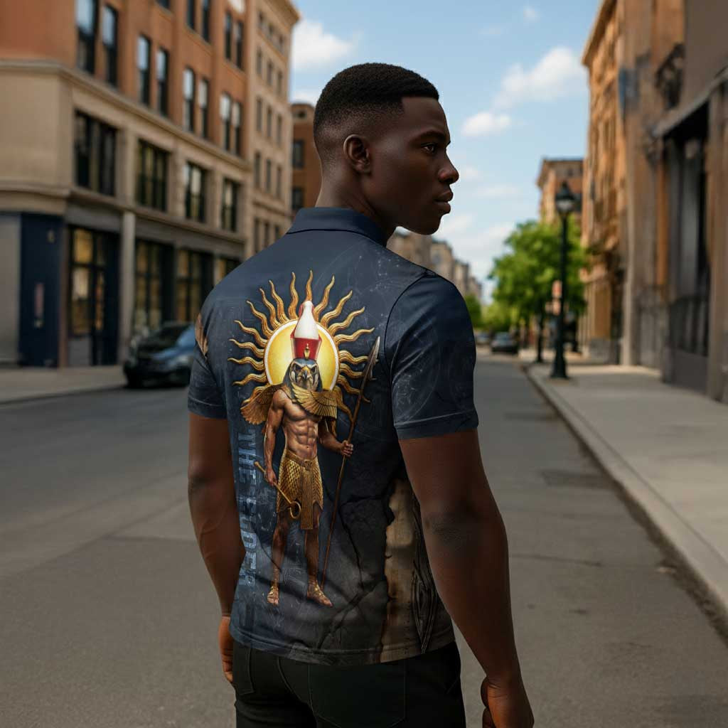 Heru-Ur Falcon Eyes Zipper Polo Shirt Solar Disk Ancient Egyptian Mythology in Dark Stone