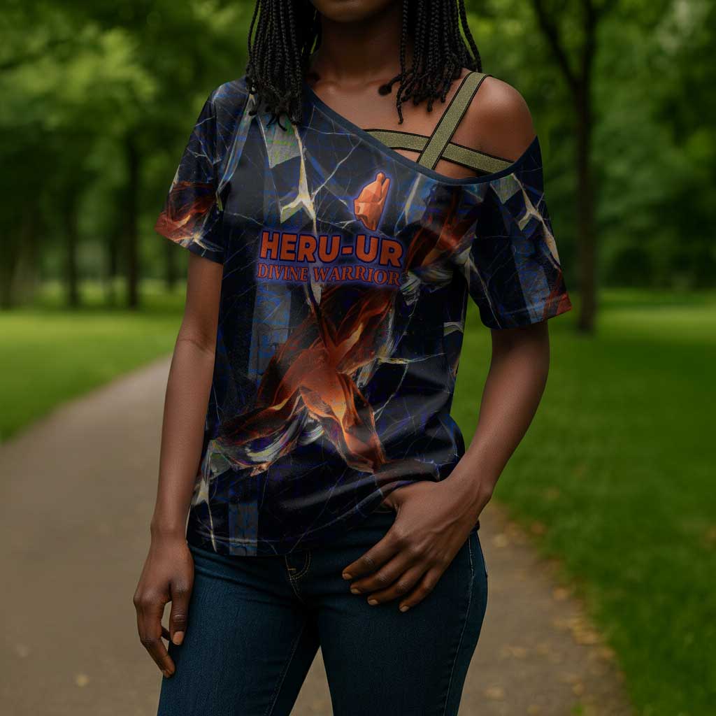 Heru-Ur Cross Shoulder Shirt Flaming Wings and Sword Ancient Egyptian Warrior