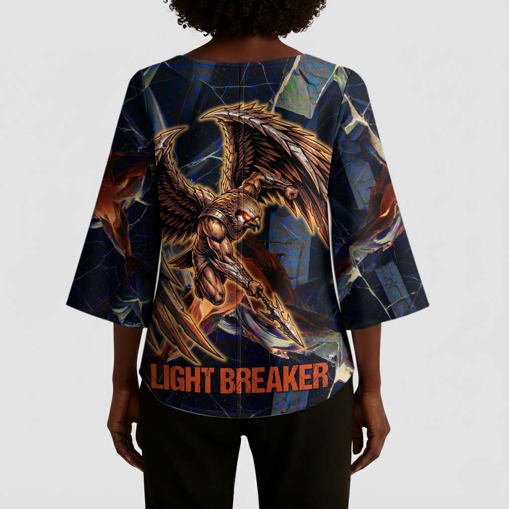 Heru-Ur Kimono Sleeve Blouse Flaming Wings and Sword Ancient Egyptian Warrior