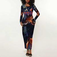 Heru-Ur Long Sleeve Bodycon Dress Flaming Wings and Sword Ancient Egyptian Warrior