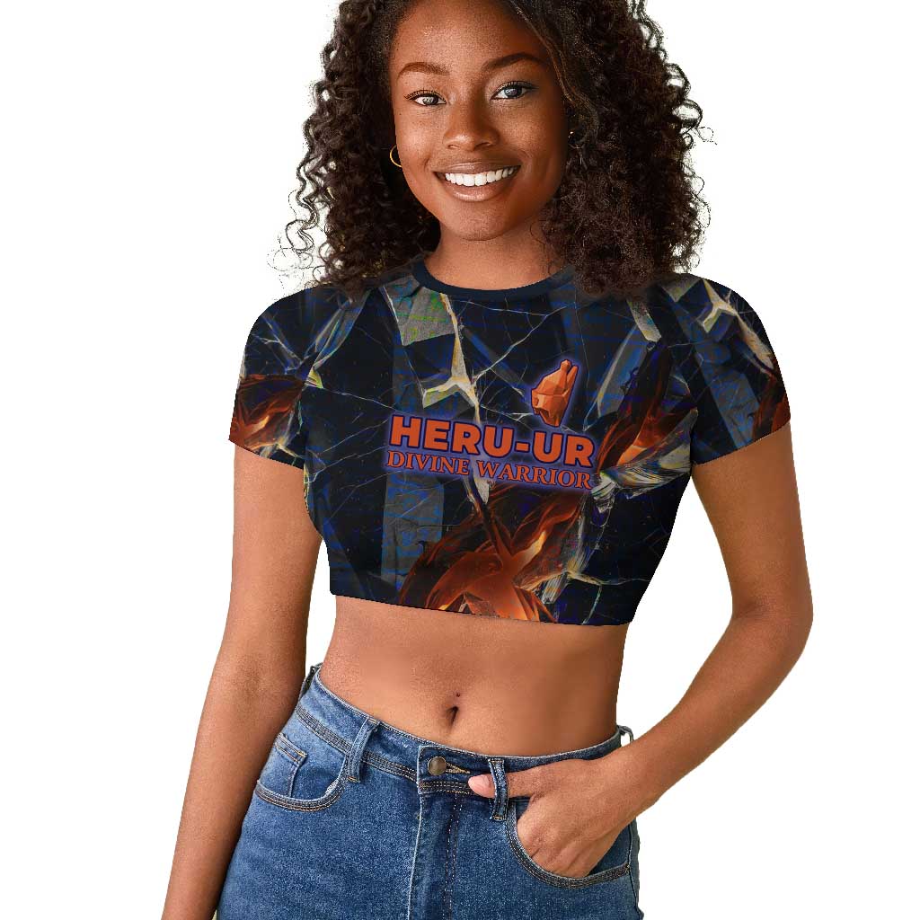 Heru-Ur Raglan Cropped T shirt Flaming Wings and Sword Ancient Egyptian Warrior