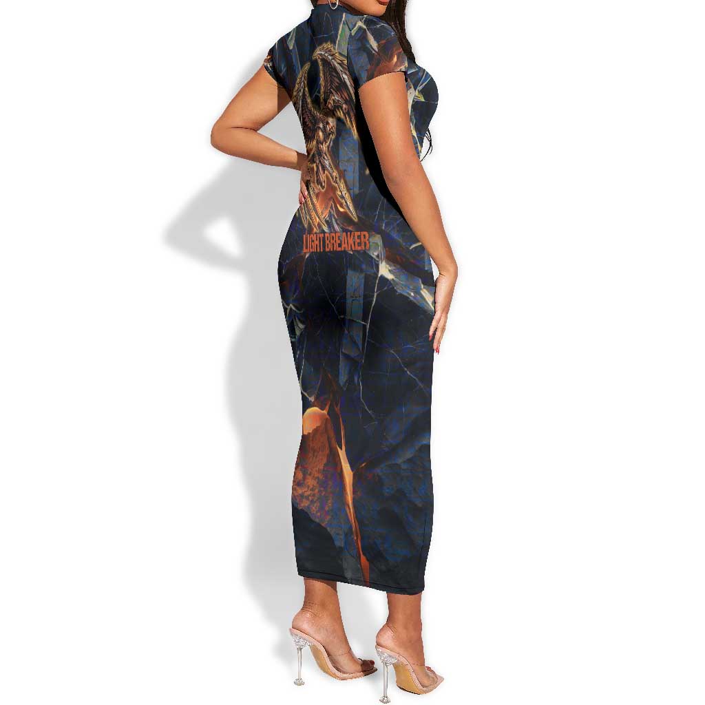 Heru-Ur Short Sleeve Bodycon Dress Flaming Wings and Sword Ancient Egyptian Warrior