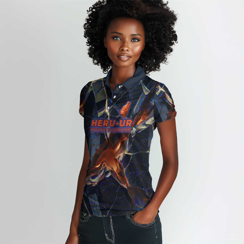 Heru-Ur Women Polo Shirt Flaming Wings and Sword Ancient Egyptian Warrior