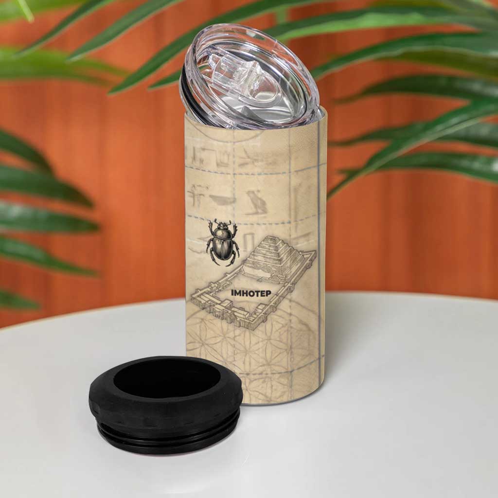Imhotep 4 in 1 Can Cooler Tumbler Pyramid Blueprints Ancient Egyptian Architecture and Priest