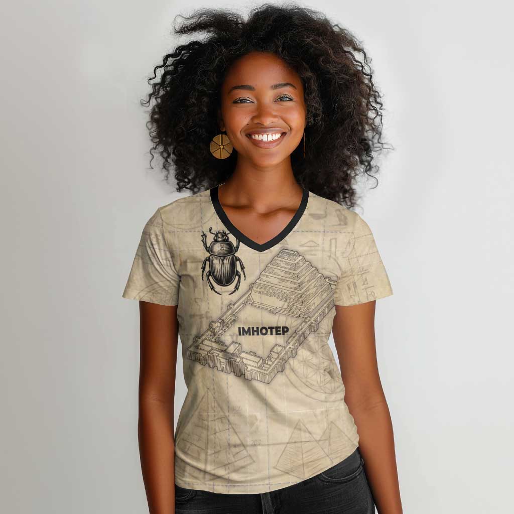 Imhotep Women V-Neck T-Shirt Pyramid Blueprints Ancient Egyptian Architecture and Priest