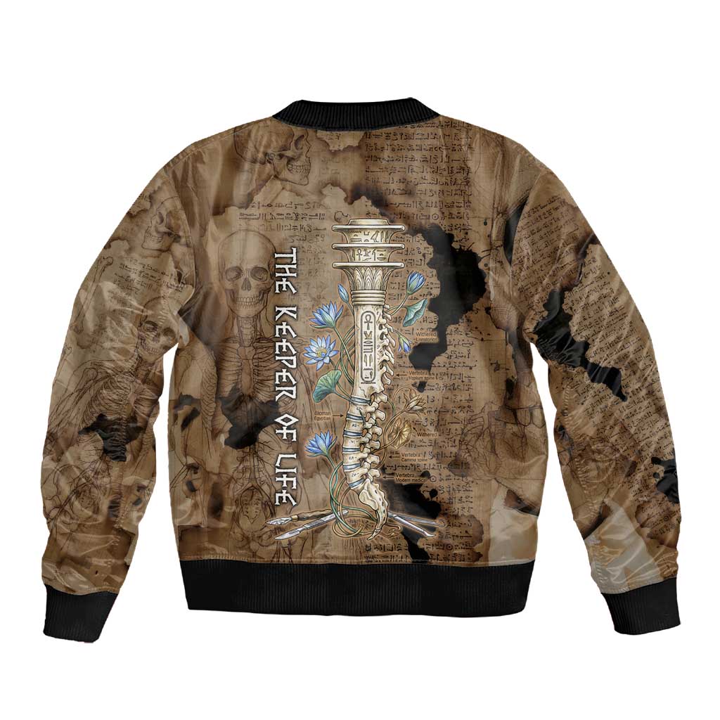 Imhotep Eye of Horus Sleeve Zip Bomber Jacket Papyrus Scrolls Ancient Egyptian Medicine