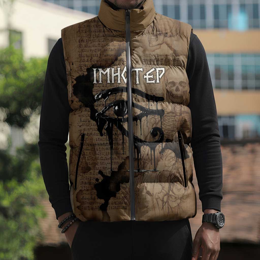 Imhotep Eye of Horus Sleeveless Puffer Jacket Papyrus Scrolls Ancient Egyptian Medicine