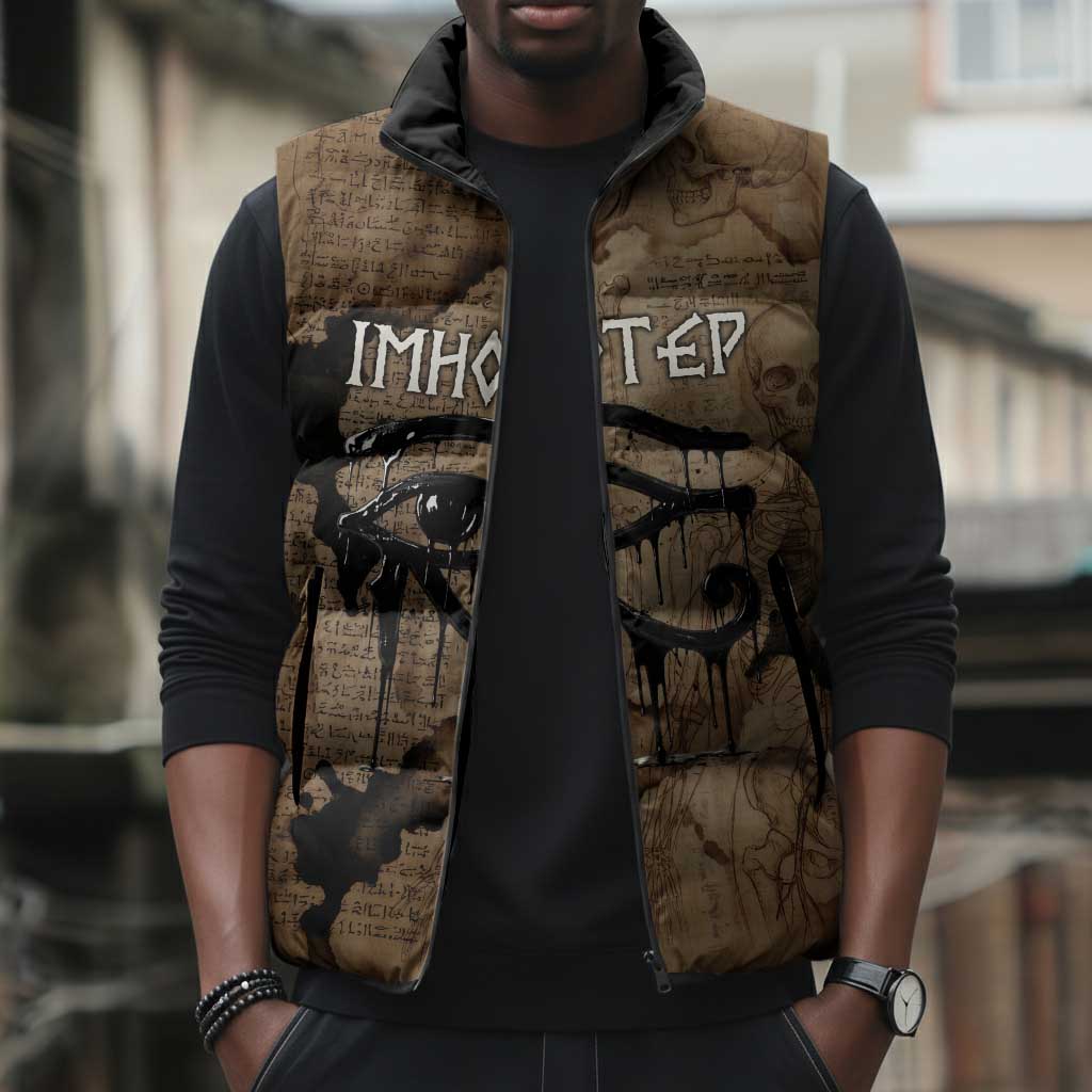 Imhotep Eye of Horus Sleeveless Puffer Jacket Papyrus Scrolls Ancient Egyptian Medicine