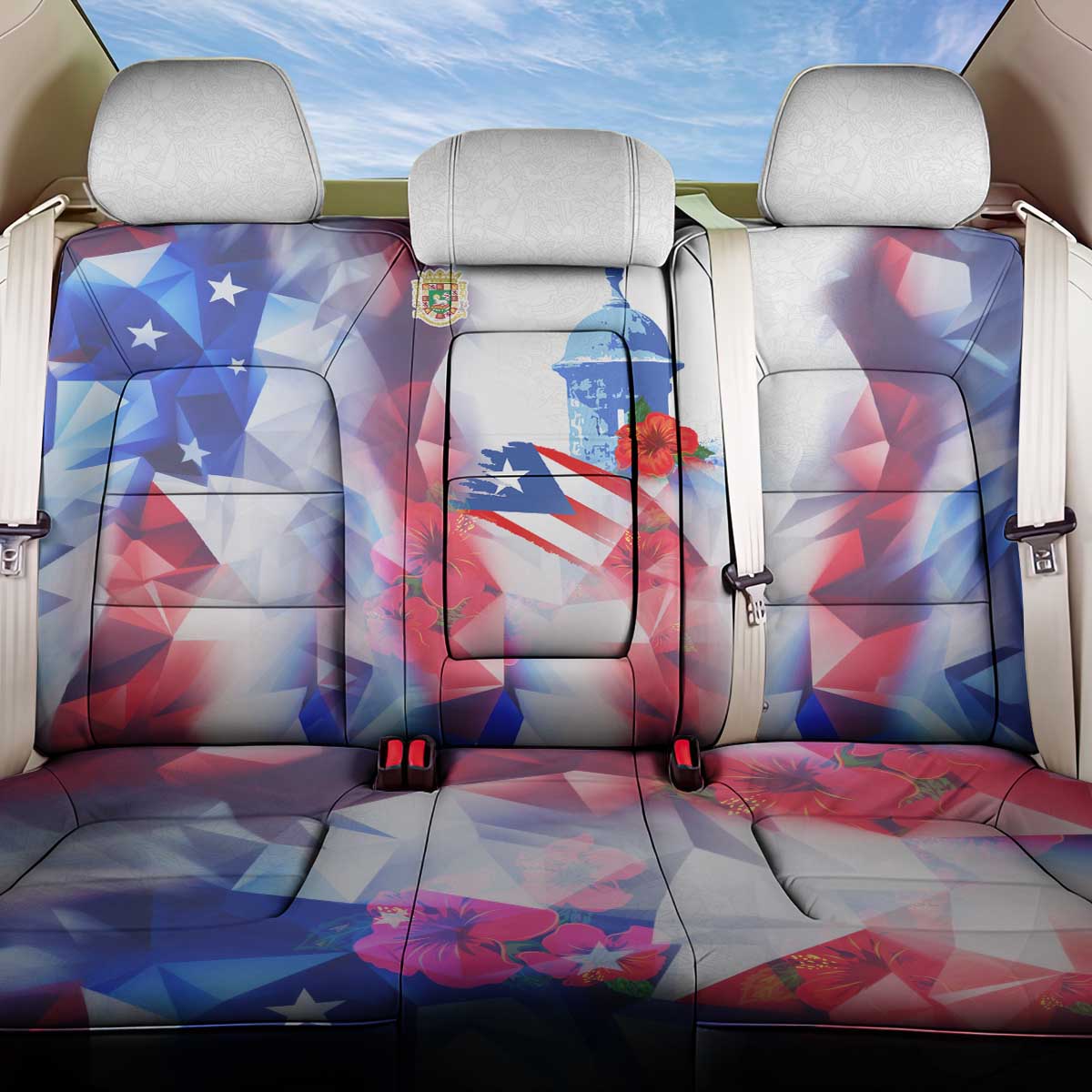 Puerto Rico Back Car Seat Cover with Coqui Frog, Hibiscus Flowers, and Flag Landmark Design - Wonder Print Shop