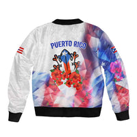 Puerto Rico Bomber Jacket with Coqui Frog, Hibiscus Flowers, and Flag Landmark Design - Wonder Print Shop
