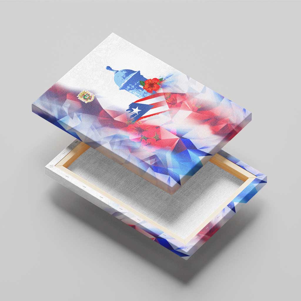 Puerto Rico Canvas Wall Art with Coqui Frog, Hibiscus Flowers, and Flag Landmark Design - Wonder Print Shop