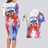 Puerto Rico Couples Matching Long Sleeve Bodycon Dress and Hawaiian Shirt with Coqui Frog, Hibiscus Flowers, and Flag Landmark Design - Wonder Print Shop