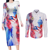 Puerto Rico Couples Matching Long Sleeve Bodycon Dress and Long Sleeve Button Shirt with Coqui Frog, Hibiscus Flowers, and Flag Landmark Design - Wonder Print Shop