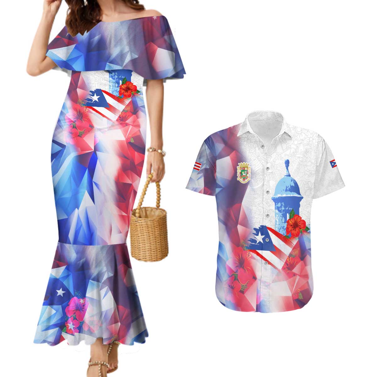 Puerto Rico Couples Matching Mermaid Dress and Hawaiian Shirt with Coqui Frog, Hibiscus Flowers, and Flag Landmark Design - Wonder Print Shop
