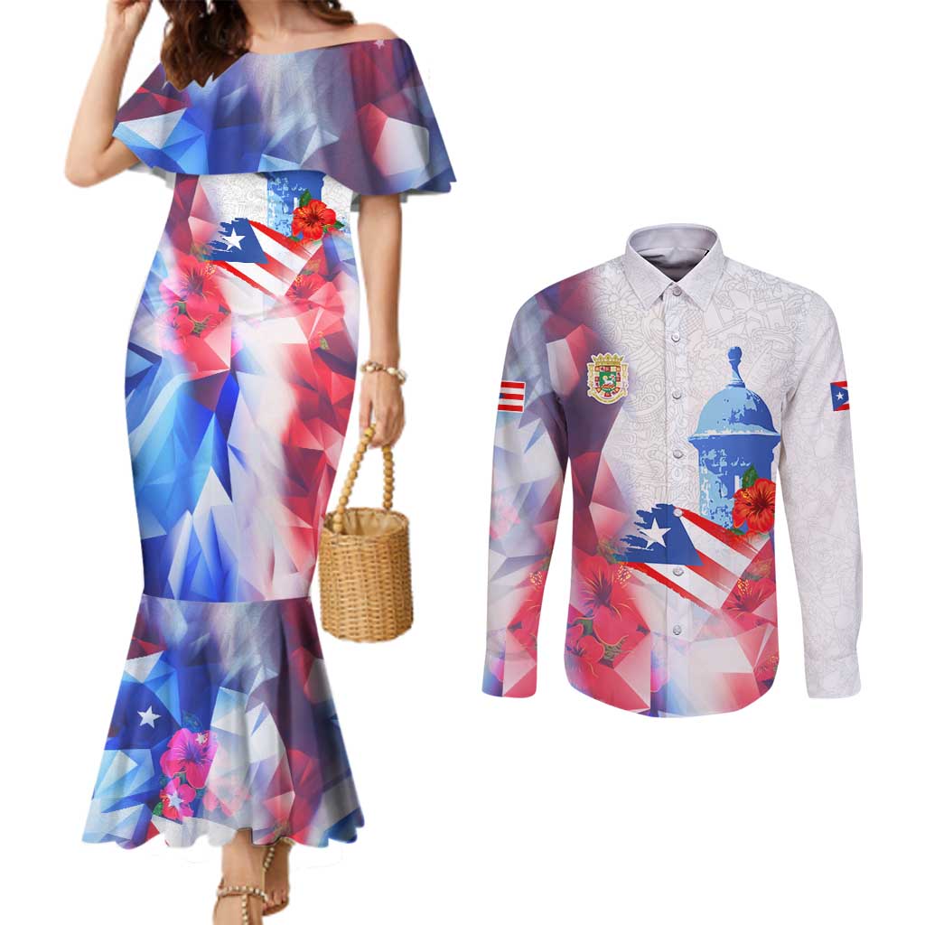 Puerto Rico Couples Matching Mermaid Dress and Long Sleeve Button Shirt with Coqui Frog, Hibiscus Flowers, and Flag Landmark Design - Wonder Print Shop