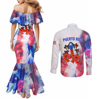 Puerto Rico Couples Matching Mermaid Dress and Long Sleeve Button Shirt with Coqui Frog, Hibiscus Flowers, and Flag Landmark Design - Wonder Print Shop