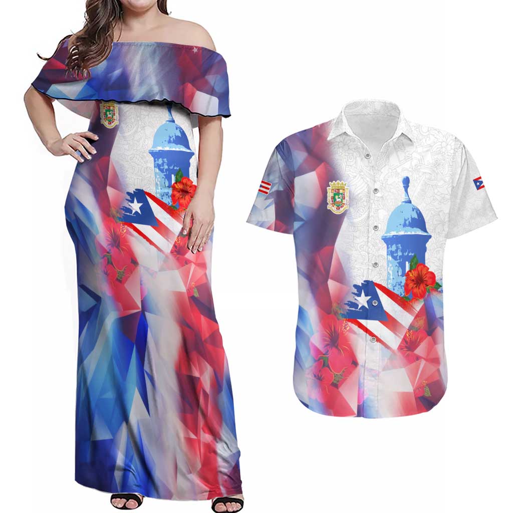 Puerto Rico Couples Matching Off Shoulder Maxi Dress and Hawaiian Shirt with Coqui Frog, Hibiscus Flowers, and Flag Landmark Design - Wonder Print Shop