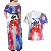 Puerto Rico Couples Matching Off Shoulder Maxi Dress and Hawaiian Shirt with Coqui Frog, Hibiscus Flowers, and Flag Landmark Design - Wonder Print Shop