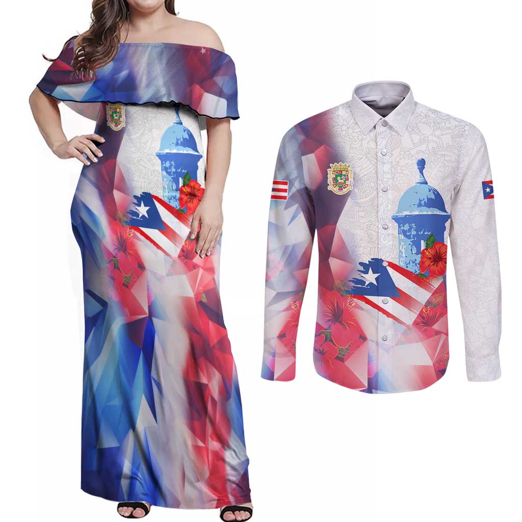 Puerto Rico Couples Matching Off Shoulder Maxi Dress and Long Sleeve Button Shirt with Coqui Frog, Hibiscus Flowers, and Flag Landmark Design - Wonder Print Shop
