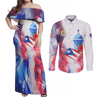 Puerto Rico Couples Matching Off Shoulder Maxi Dress and Long Sleeve Button Shirt with Coqui Frog, Hibiscus Flowers, and Flag Landmark Design - Wonder Print Shop