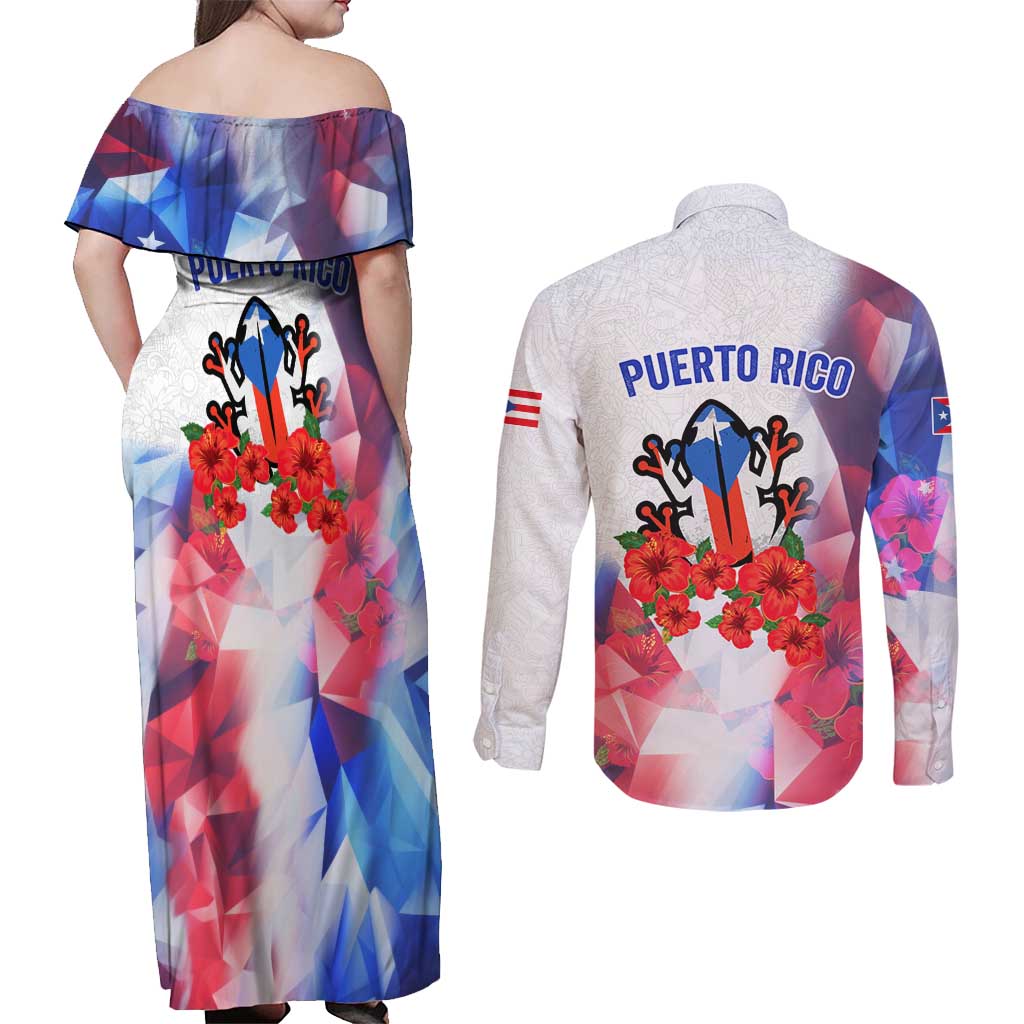 Puerto Rico Couples Matching Off Shoulder Maxi Dress and Long Sleeve Button Shirt with Coqui Frog, Hibiscus Flowers, and Flag Landmark Design - Wonder Print Shop