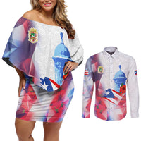 Puerto Rico Couples Matching Off Shoulder Short Dress and Long Sleeve Button Shirt with Coqui Frog, Hibiscus Flowers, and Flag Landmark Design - Wonder Print Shop
