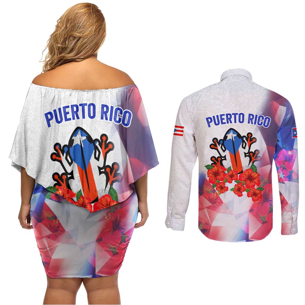 Puerto Rico Couples Matching Off Shoulder Short Dress and Long Sleeve Button Shirt with Coqui Frog, Hibiscus Flowers, and Flag Landmark Design - Wonder Print Shop
