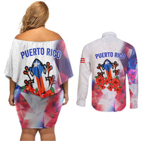 Puerto Rico Couples Matching Off Shoulder Short Dress and Long Sleeve Button Shirt with Coqui Frog, Hibiscus Flowers, and Flag Landmark Design - Wonder Print Shop