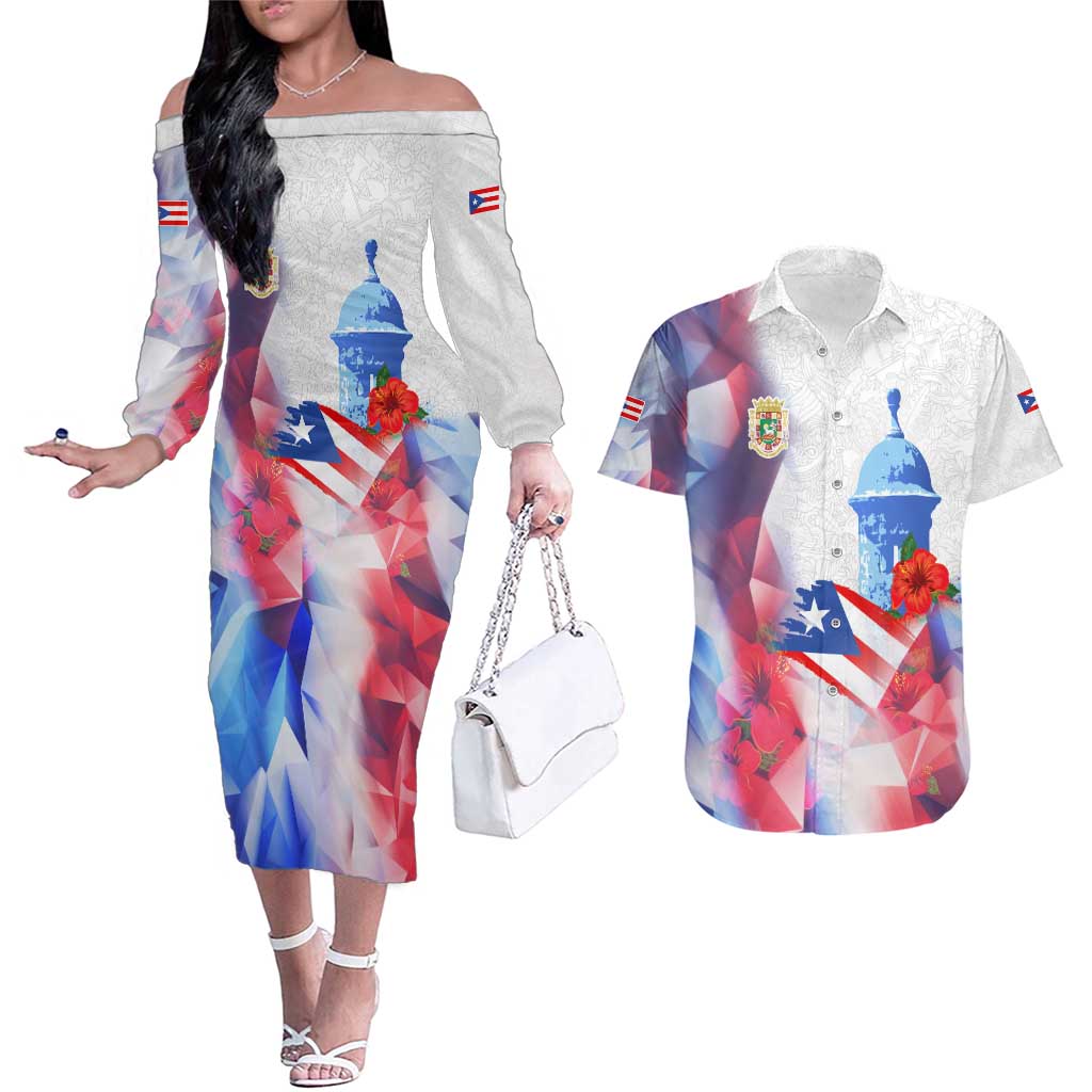 Puerto Rico Couples Matching Off The Shoulder Long Sleeve Dress and Hawaiian Shirt with Coqui Frog, Hibiscus Flowers, and Flag Landmark Design - Wonder Print Shop