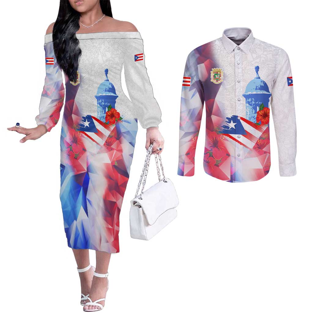 Puerto Rico Couples Matching Off The Shoulder Long Sleeve Dress and Long Sleeve Button Shirt with Coqui Frog, Hibiscus Flowers, and Flag Landmark Design - Wonder Print Shop