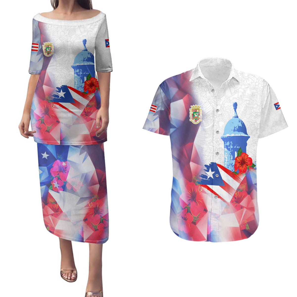 Puerto Rico Couples Matching Puletasi and Hawaiian Shirt with Coqui Frog, Hibiscus Flowers, and Flag Landmark Design - Wonder Print Shop