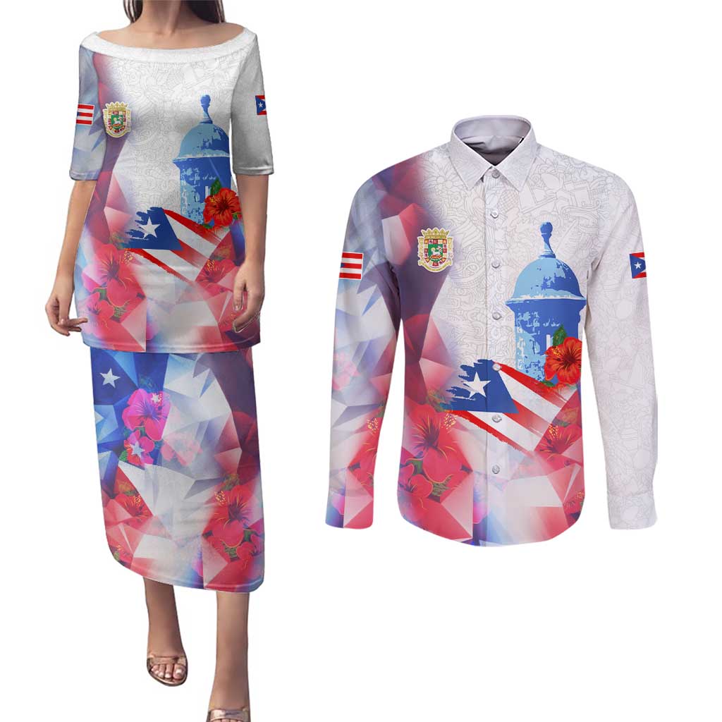 Puerto Rico Couples Matching Puletasi and Long Sleeve Button Shirt with Coqui Frog, Hibiscus Flowers, and Flag Landmark Design - Wonder Print Shop