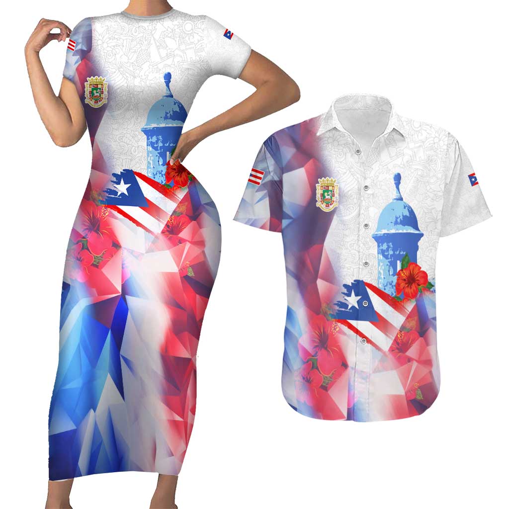Puerto Rico Couples Matching Short Sleeve Bodycon Dress and Hawaiian Shirt with Coqui Frog, Hibiscus Flowers, and Flag Landmark Design - Wonder Print Shop