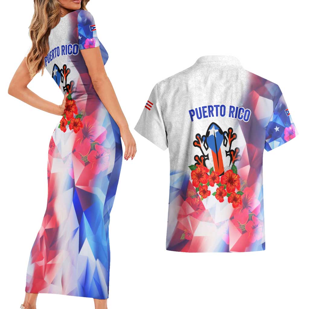 Puerto Rico Couples Matching Short Sleeve Bodycon Dress and Hawaiian Shirt with Coqui Frog, Hibiscus Flowers, and Flag Landmark Design - Wonder Print Shop