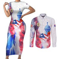 Puerto Rico Couples Matching Short Sleeve Bodycon Dress and Long Sleeve Button Shirt with Coqui Frog, Hibiscus Flowers, and Flag Landmark Design - Wonder Print Shop