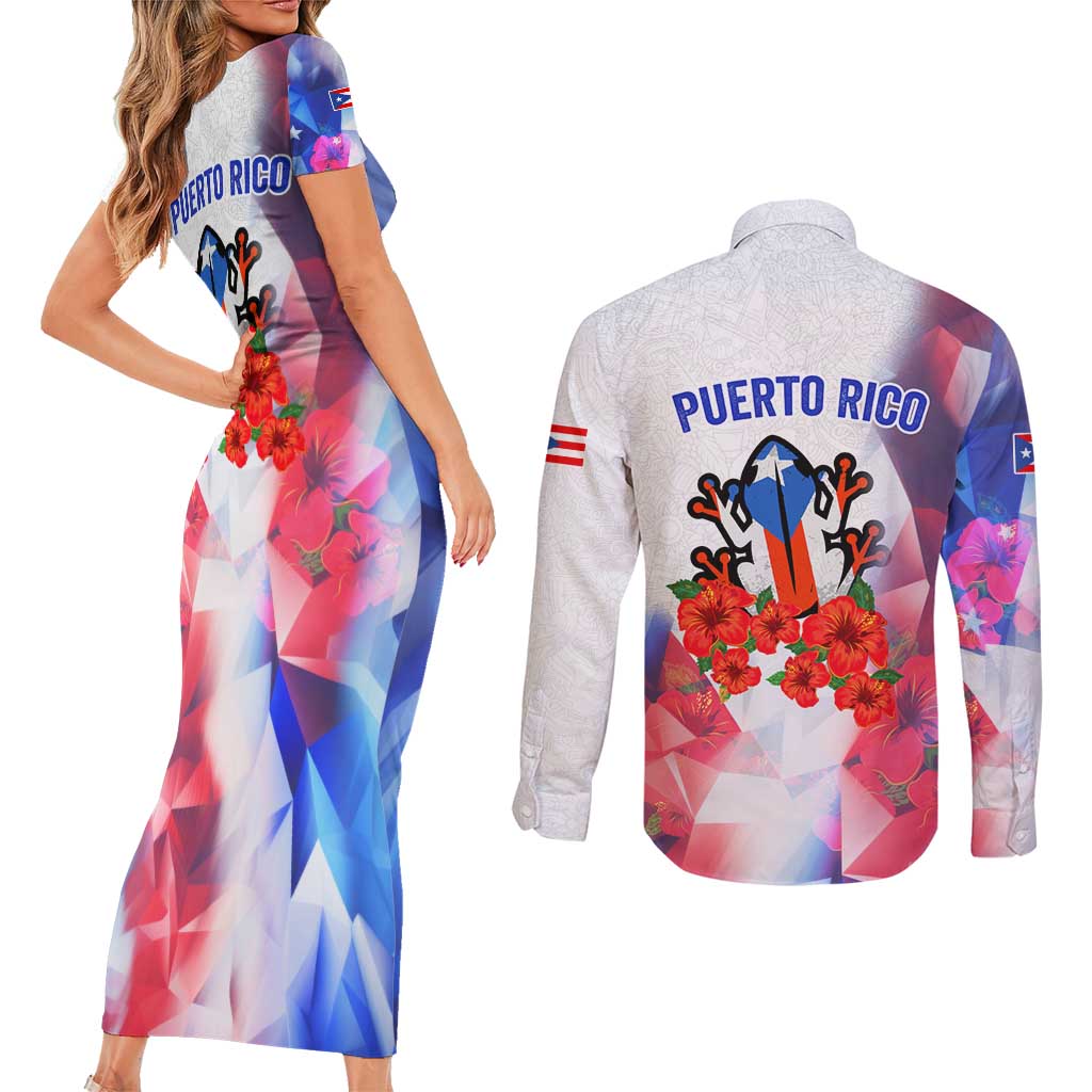 Puerto Rico Couples Matching Short Sleeve Bodycon Dress and Long Sleeve Button Shirt with Coqui Frog, Hibiscus Flowers, and Flag Landmark Design - Wonder Print Shop