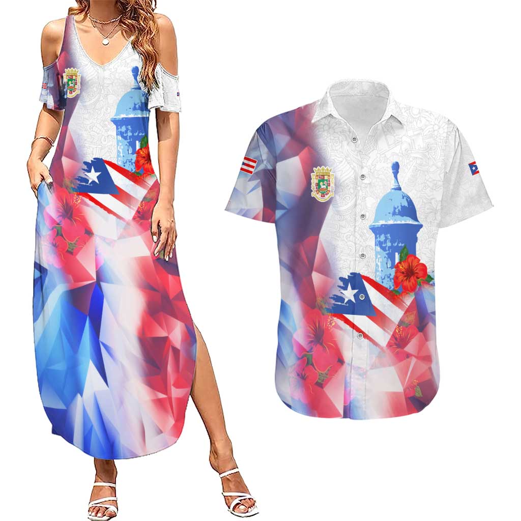 Puerto Rico Couples Matching Summer Maxi Dress and Hawaiian Shirt with Coqui Frog, Hibiscus Flowers, and Flag Landmark Design - Wonder Print Shop