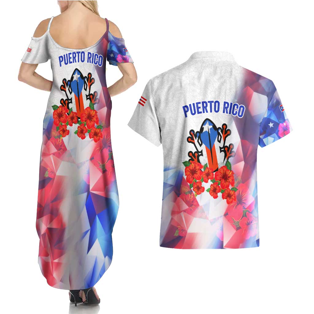 Puerto Rico Couples Matching Summer Maxi Dress and Hawaiian Shirt with Coqui Frog, Hibiscus Flowers, and Flag Landmark Design - Wonder Print Shop