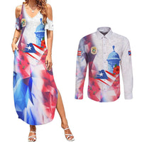 Puerto Rico Couples Matching Summer Maxi Dress and Long Sleeve Button Shirt with Coqui Frog, Hibiscus Flowers, and Flag Landmark Design - Wonder Print Shop