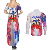 Puerto Rico Couples Matching Summer Maxi Dress and Long Sleeve Button Shirt with Coqui Frog, Hibiscus Flowers, and Flag Landmark Design - Wonder Print Shop