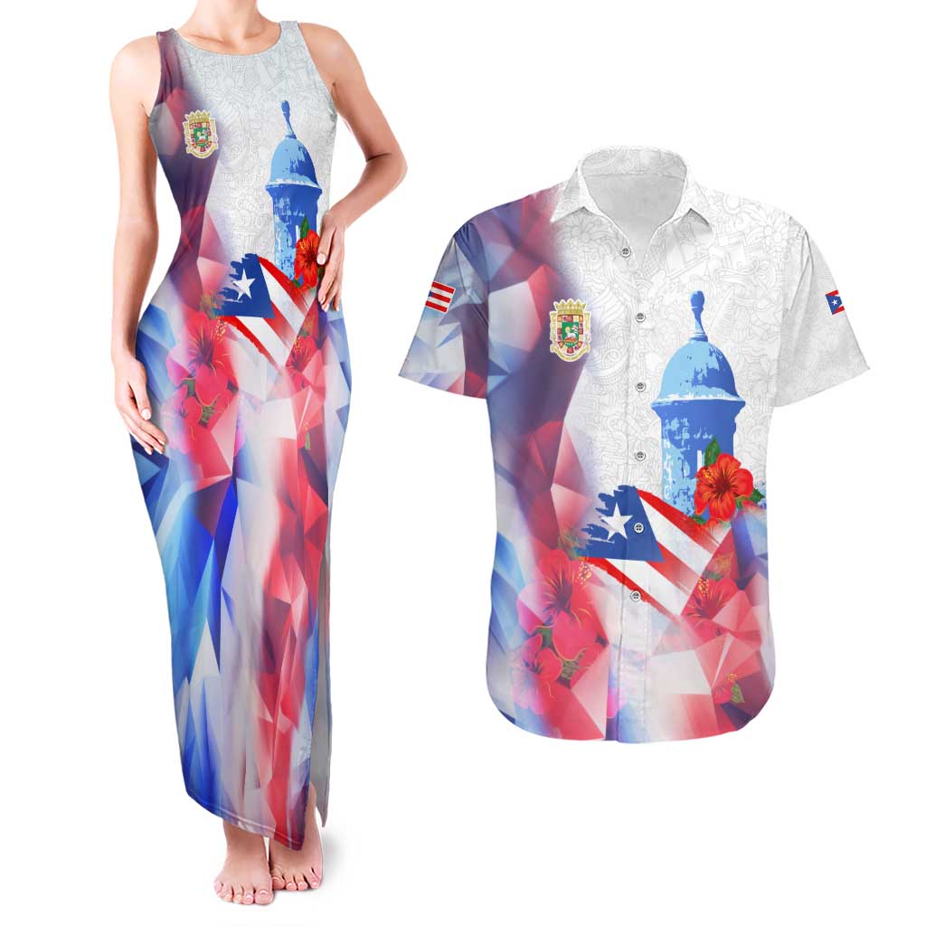 Puerto Rico Couples Matching Tank Maxi Dress and Hawaiian Shirt with Coqui Frog, Hibiscus Flowers, and Flag Landmark Design - Wonder Print Shop
