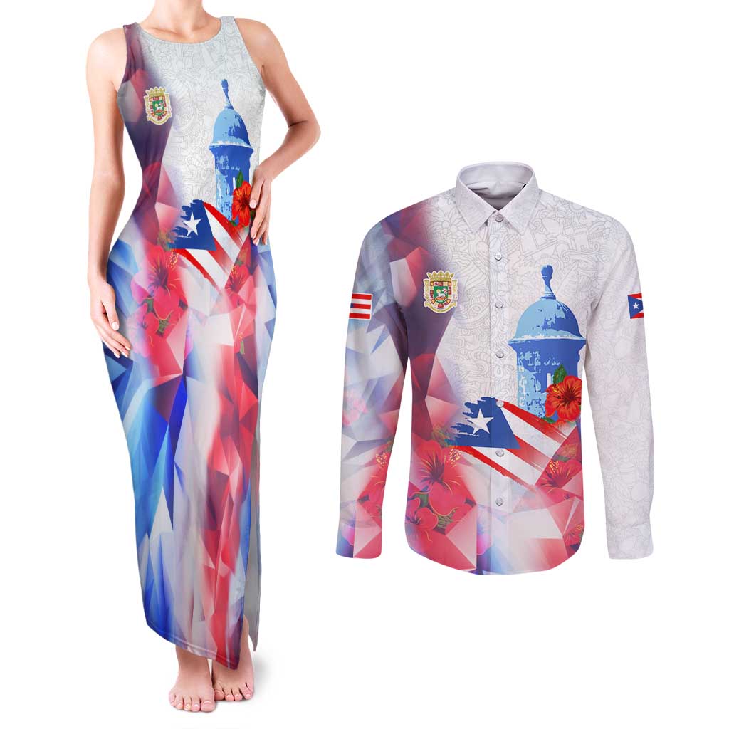 Puerto Rico Couples Matching Tank Maxi Dress and Long Sleeve Button Shirt with Coqui Frog, Hibiscus Flowers, and Flag Landmark Design - Wonder Print Shop
