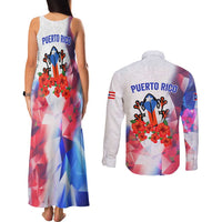 Puerto Rico Couples Matching Tank Maxi Dress and Long Sleeve Button Shirt with Coqui Frog, Hibiscus Flowers, and Flag Landmark Design - Wonder Print Shop
