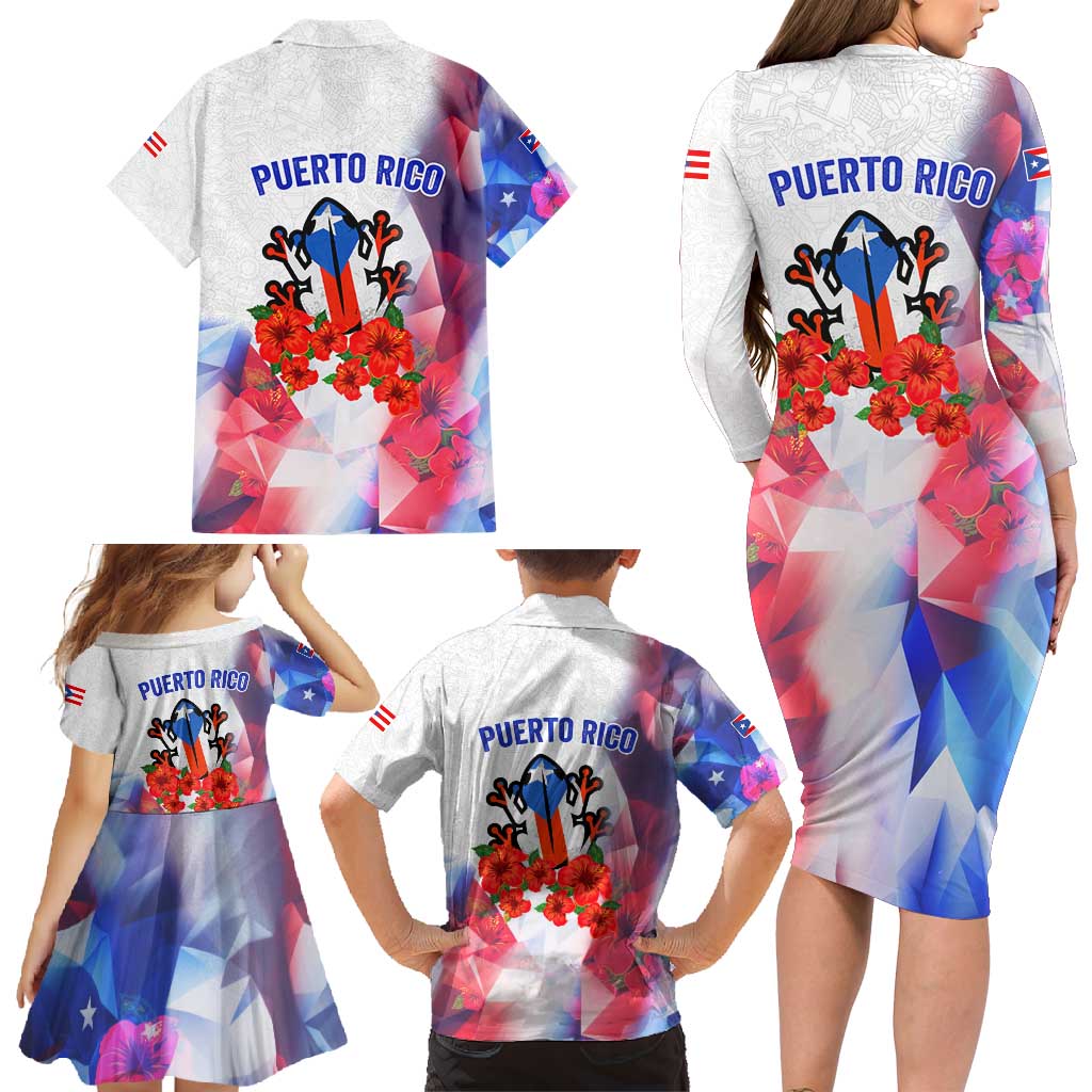 Puerto Rico Family Matching Long Sleeve Bodycon Dress and Hawaiian Shirt with Coqui Frog, Hibiscus Flowers, and Flag Landmark Design - Wonder Print Shop