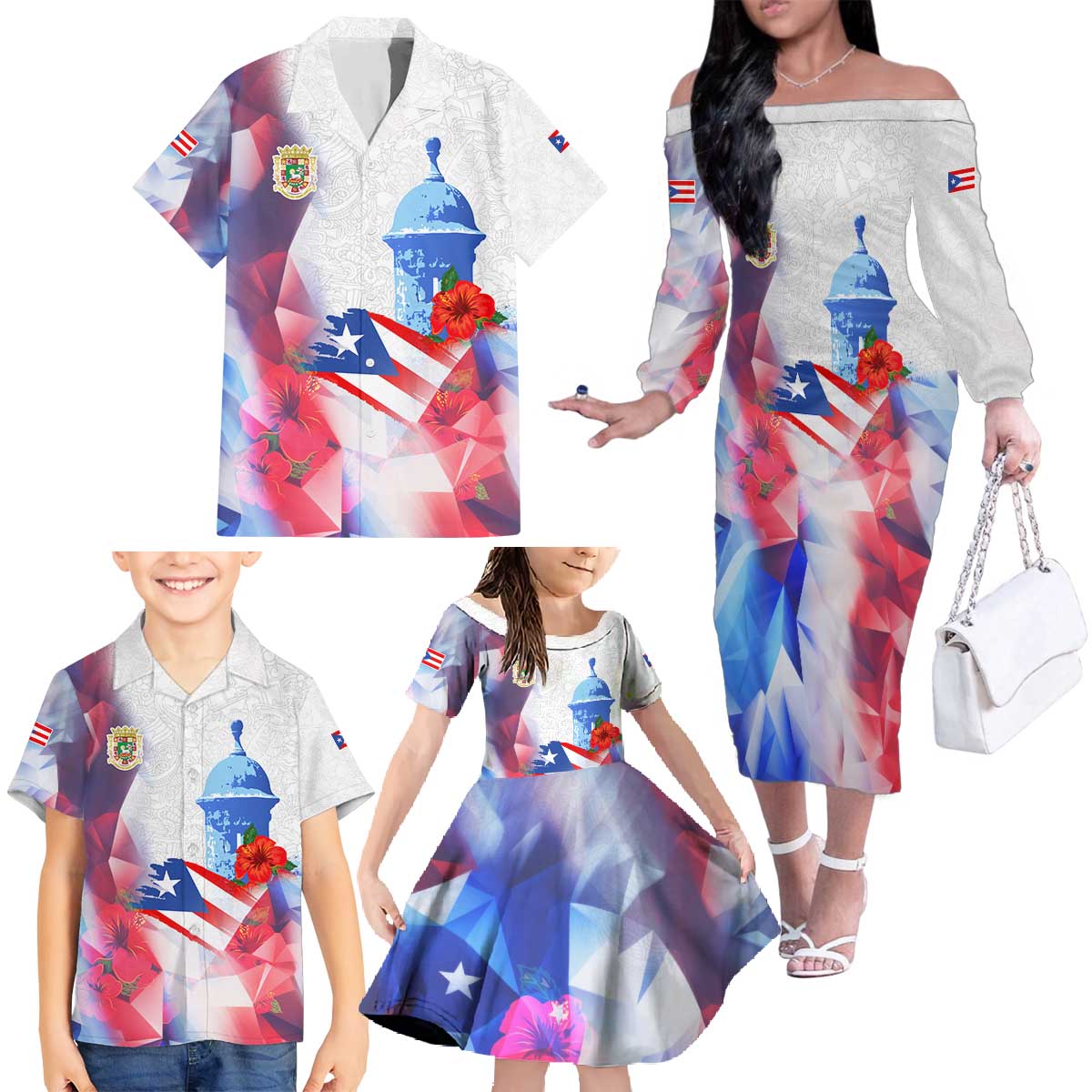 Puerto Rico Family Matching Off The Shoulder Long Sleeve Dress and Hawaiian Shirt with Coqui Frog, Hibiscus Flowers, and Flag Landmark Design - Wonder Print Shop