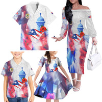 Puerto Rico Family Matching Off The Shoulder Long Sleeve Dress and Hawaiian Shirt with Coqui Frog, Hibiscus Flowers, and Flag Landmark Design - Wonder Print Shop