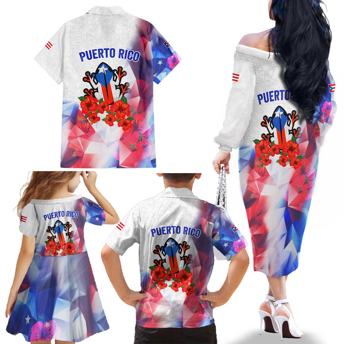 Puerto Rico Family Matching Off The Shoulder Long Sleeve Dress and Hawaiian Shirt with Coqui Frog, Hibiscus Flowers, and Flag Landmark Design - Wonder Print Shop