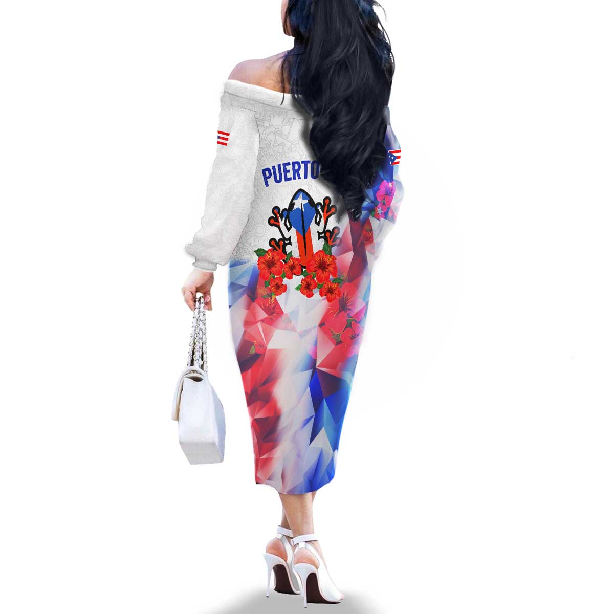 Puerto Rico Family Matching Off The Shoulder Long Sleeve Dress and Hawaiian Shirt with Coqui Frog, Hibiscus Flowers, and Flag Landmark Design - Wonder Print Shop