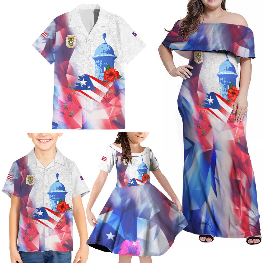 Puerto Rico Family Matching Off Shoulder Maxi Dress and Hawaiian Shirt with Coqui Frog, Hibiscus Flowers, and Flag Landmark Design - Wonder Print Shop