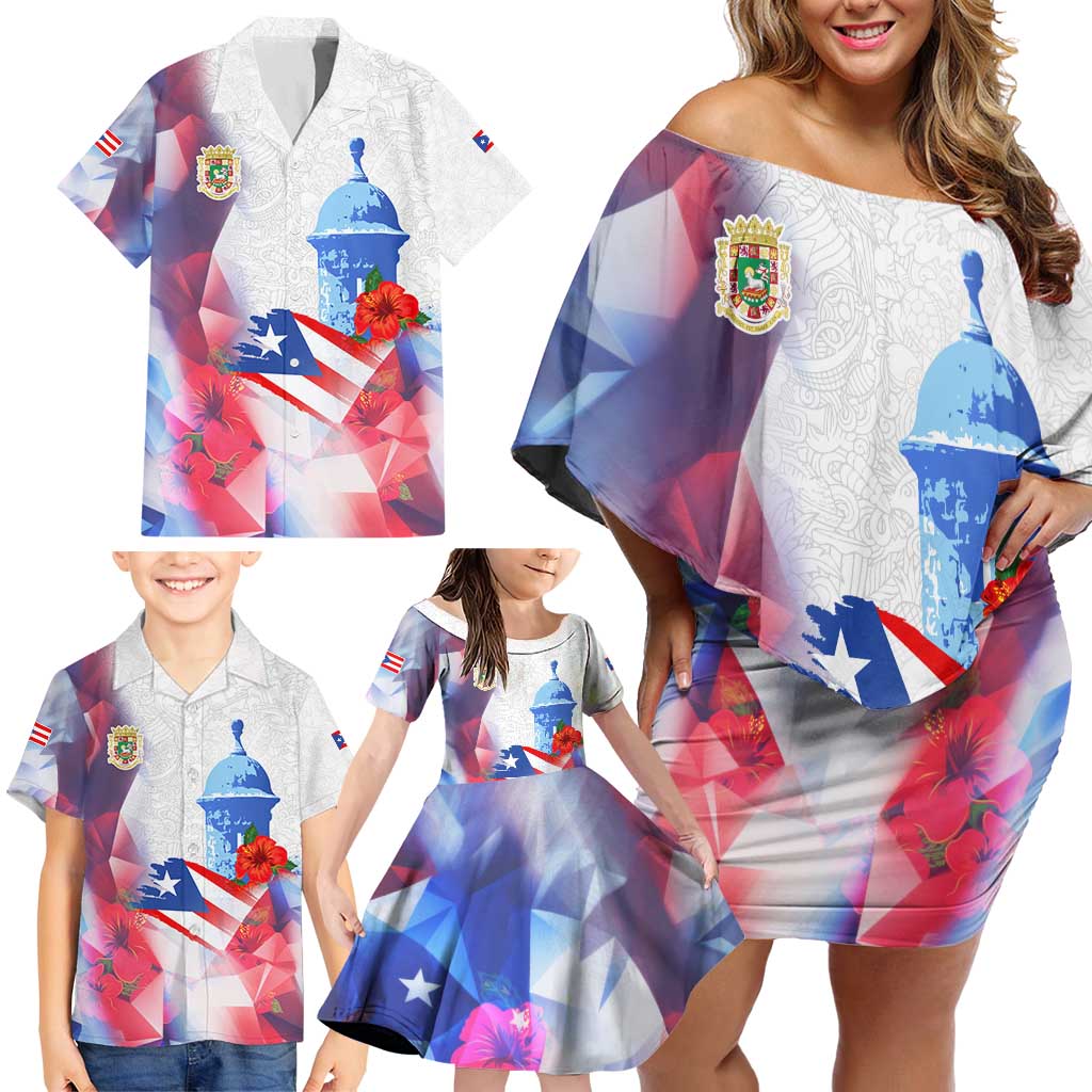 Puerto Rico Family Matching Off Shoulder Short Dress and Hawaiian Shirt with Coqui Frog, Hibiscus Flowers, and Flag Landmark Design - Wonder Print Shop